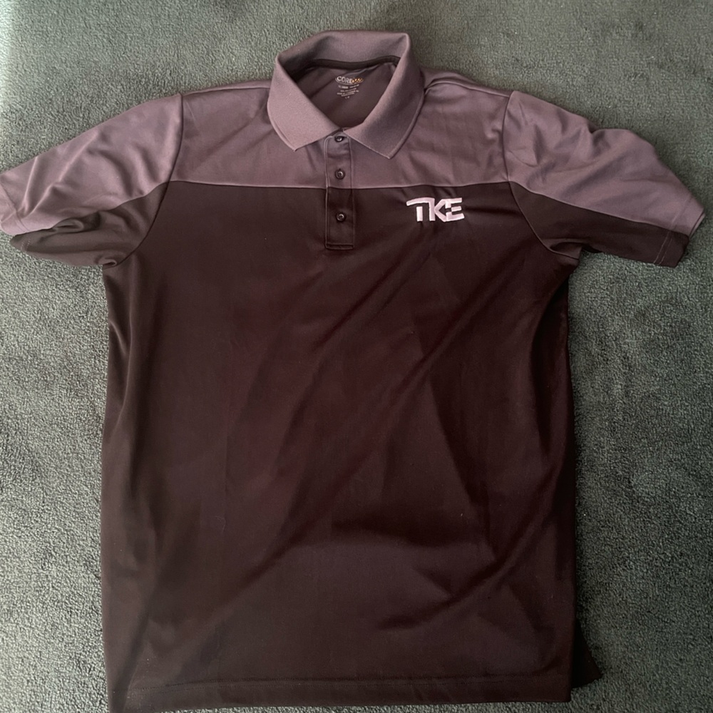 Men's 
Large black and gray two-toned polo shirt with a white TKE logo